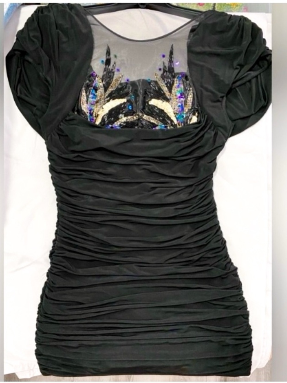 Black Fitted Mini Dress with Beaded Sheer Top & Draped Back - Like New